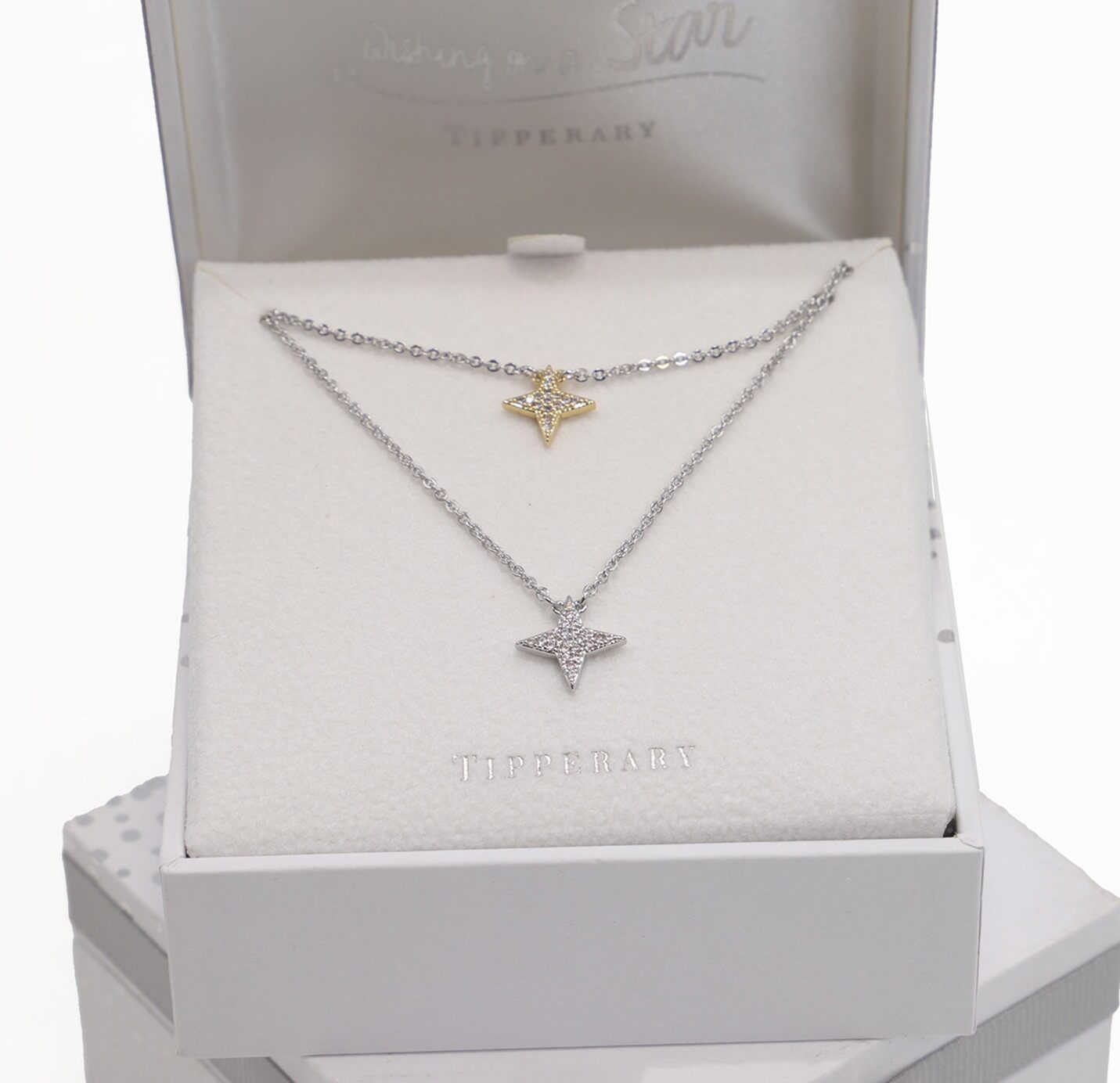 Tipperary Crystal Double Floating Pave Star Necklace Silver In Gift Box