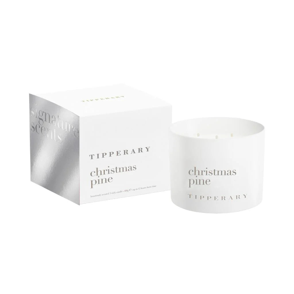 Tipperary Crystal Signature Scents Christmas Pine 3-Wick Candle in white glass with matching white and silver gift box
