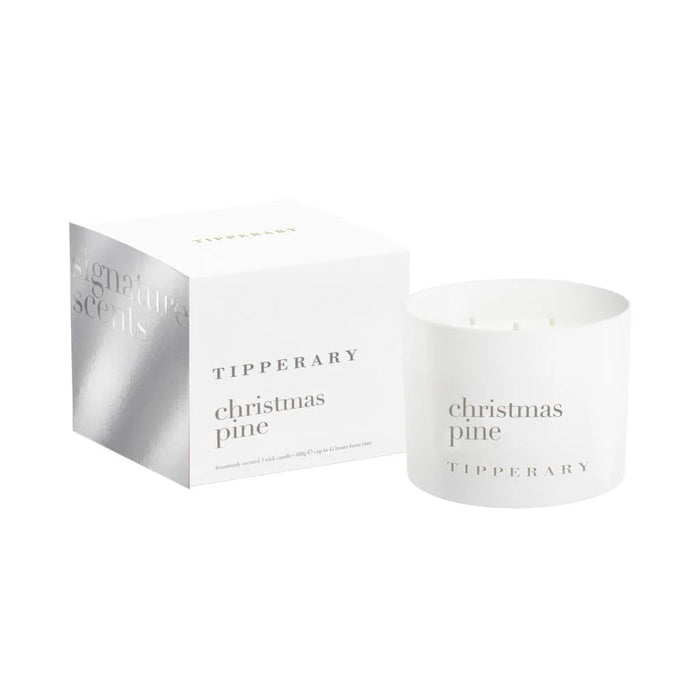 Tipperary Crystal Signature Scents Christmas Pine 3-Wick Candle in white glass with matching white and silver gift box