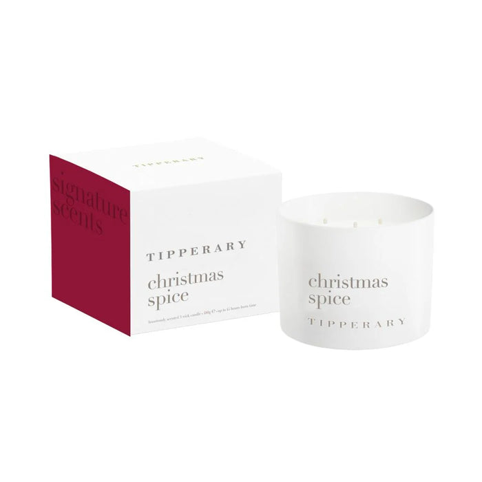 Tipperary Crystal Signature Scents Christmas Spice 3-Wick Scented Candle in white glass vessel with matching deep-red and white gift box