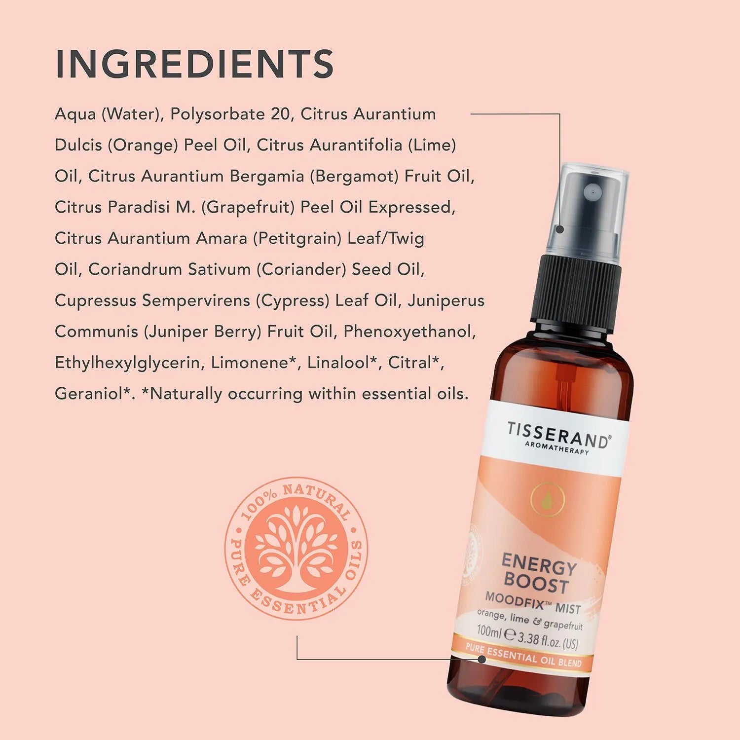 Tisserand Energy Boost Moodfix Mist - Orange Lime And Grapefruit Ingredients