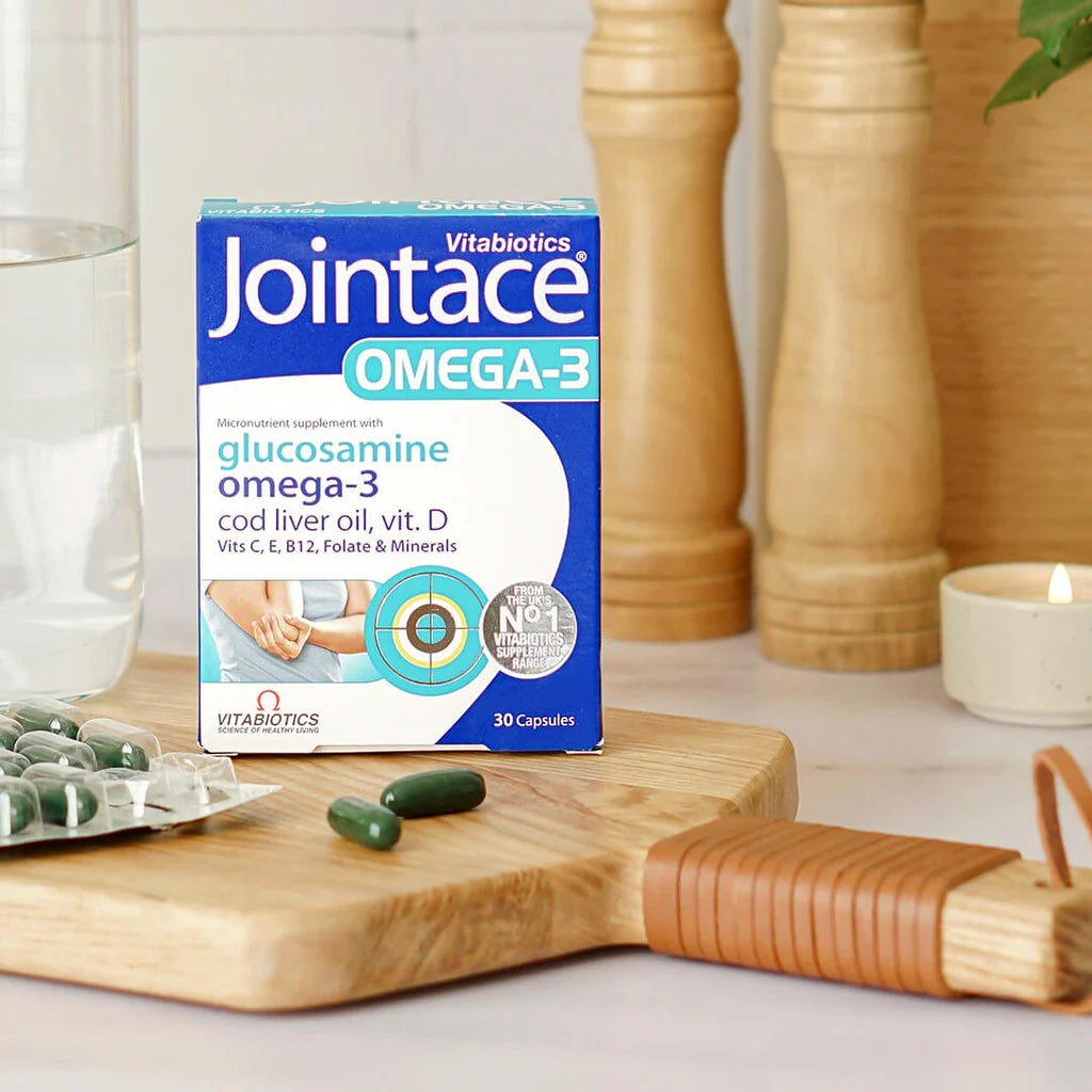 Vitabiotics Jointace Omega-3 30 Capsules displayed with softgel capsules in a lifestyle setting