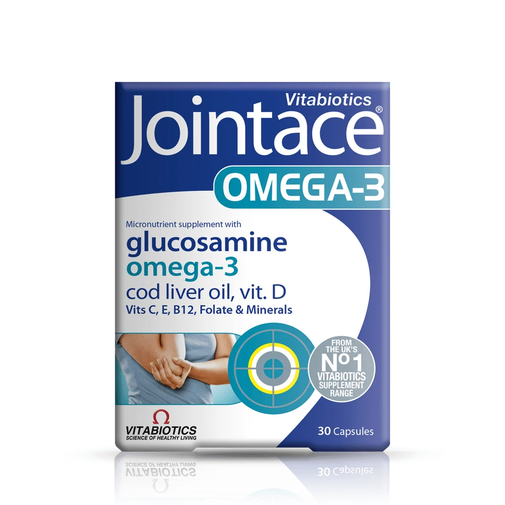 Vitabiotics Jointace Omega-3 30 Capsules front packaging with glucosamine, fish oil, cod liver oil and vitamin D