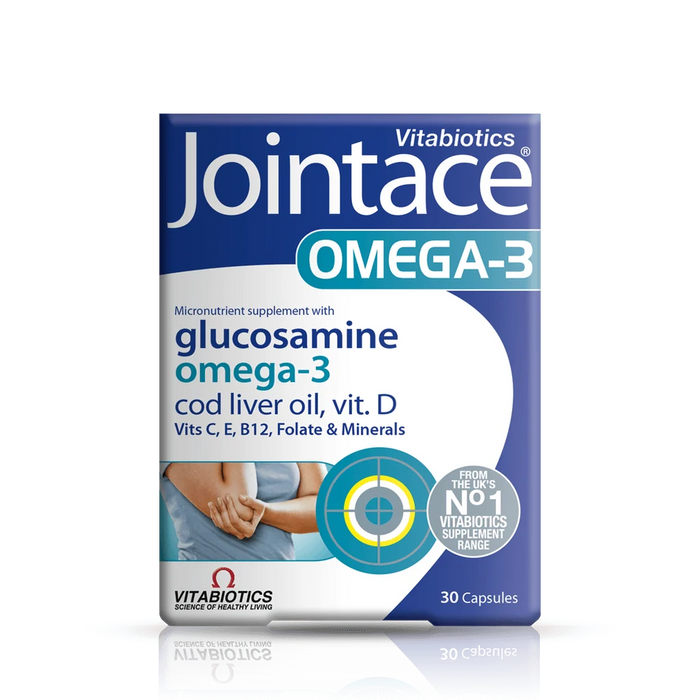 Vitabiotics Jointace Omega-3 30 Capsules front packaging with glucosamine, fish oil, cod liver oil and vitamin D