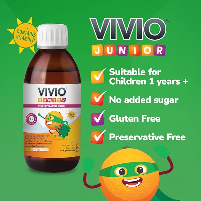 Vivio Junior tonic bottle with benefits including suitable from age 1, no added sugar, gluten free
