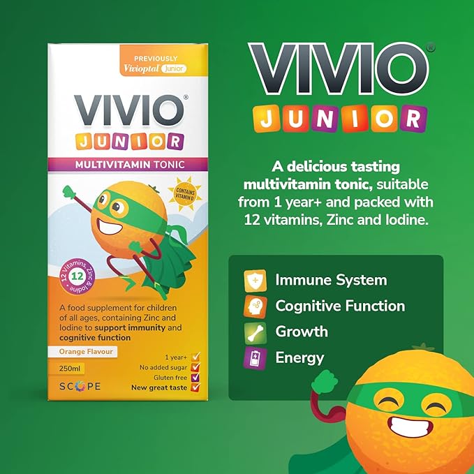 Vivio Junior multivitamin benefits panel highlighting immune support, growth and energy