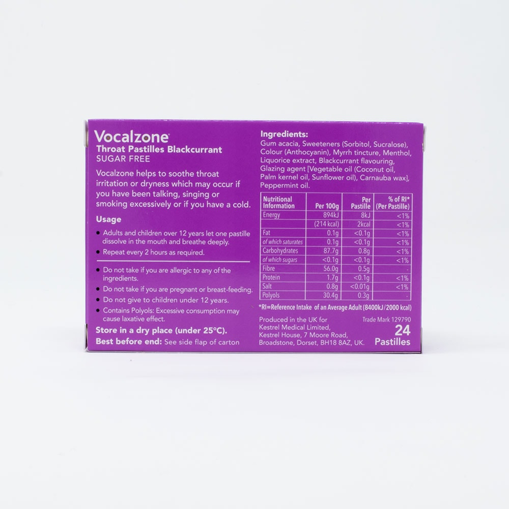 Vocalzone Throat Pastilles For Dry Throat Blackcurrant - 24 Pk