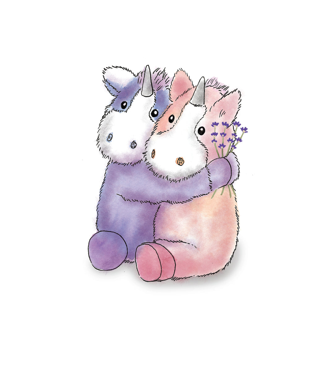 Warmies unicorns product illustration — branded artwork for Warmies Warm Hugs microwavable lavender plush pair.
