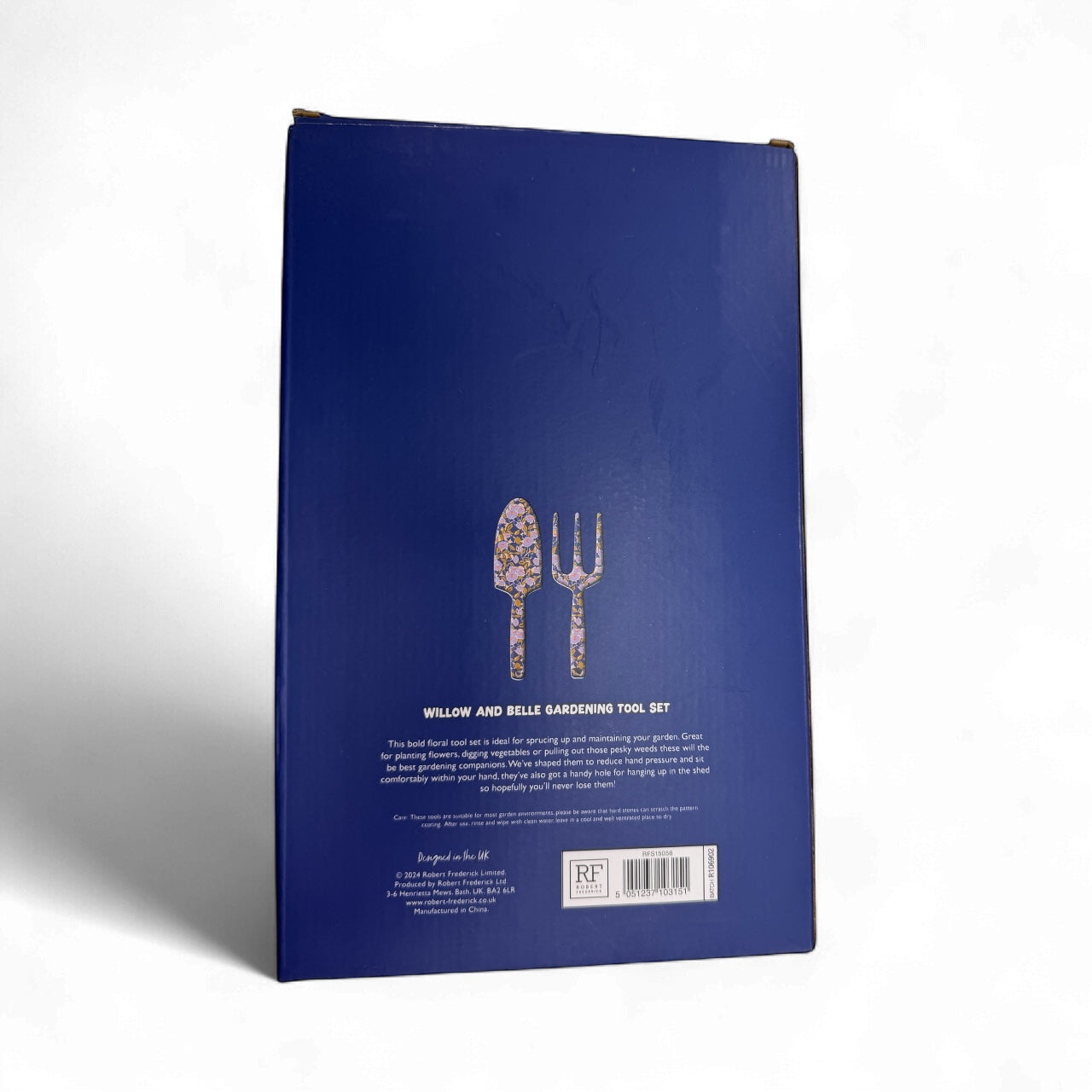 Back of Willow & Belle gardening tool set packaging with details