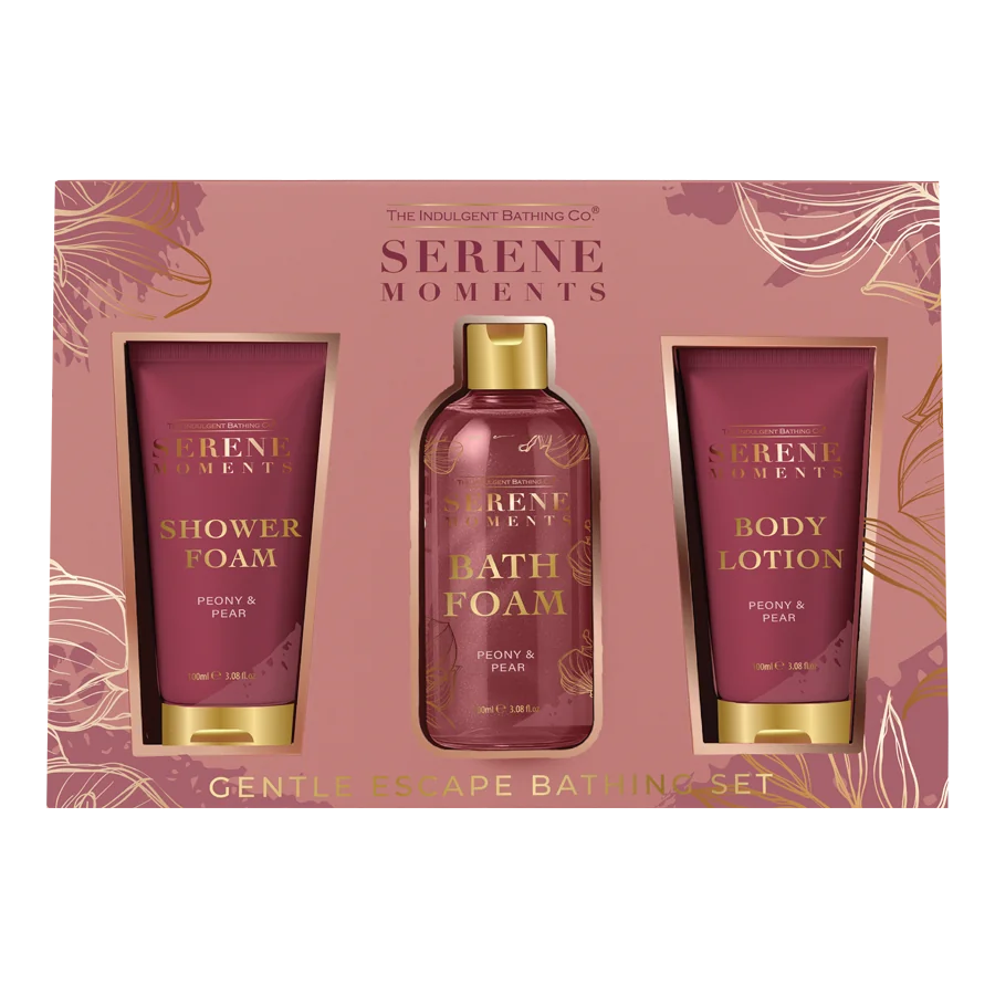 The Indulgent Bathing Co. Serene Moments peony and pear bath gift set with three 100ml products in a pink floral box.