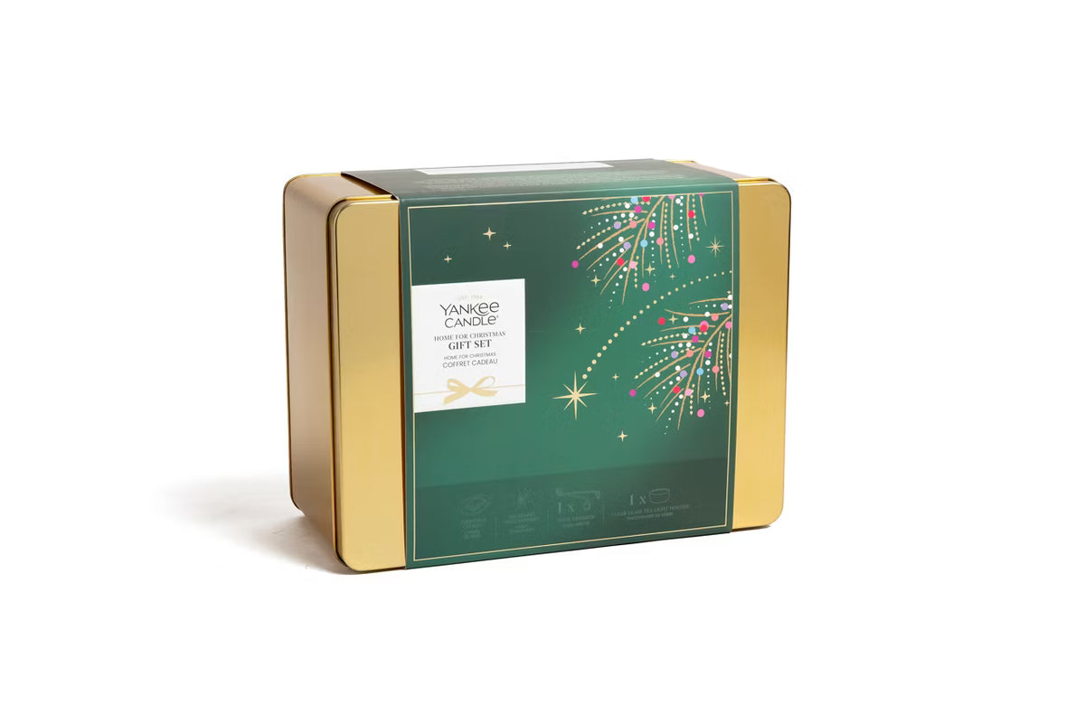 Yankee Candle Home for Christmas Gift Set green and gold keepsake tin
