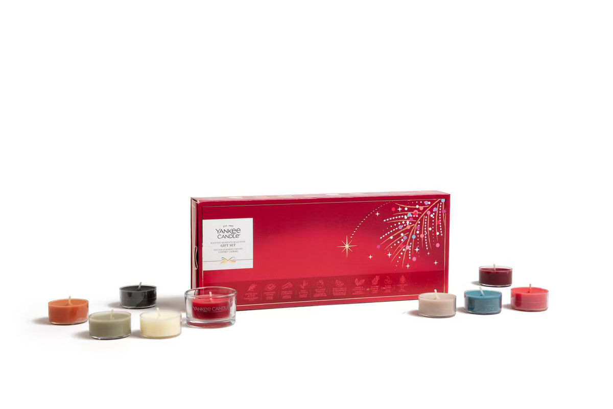 Yankee Candle Scented Moments Christmas Gift Set with 10 scented tea lights and glass holder