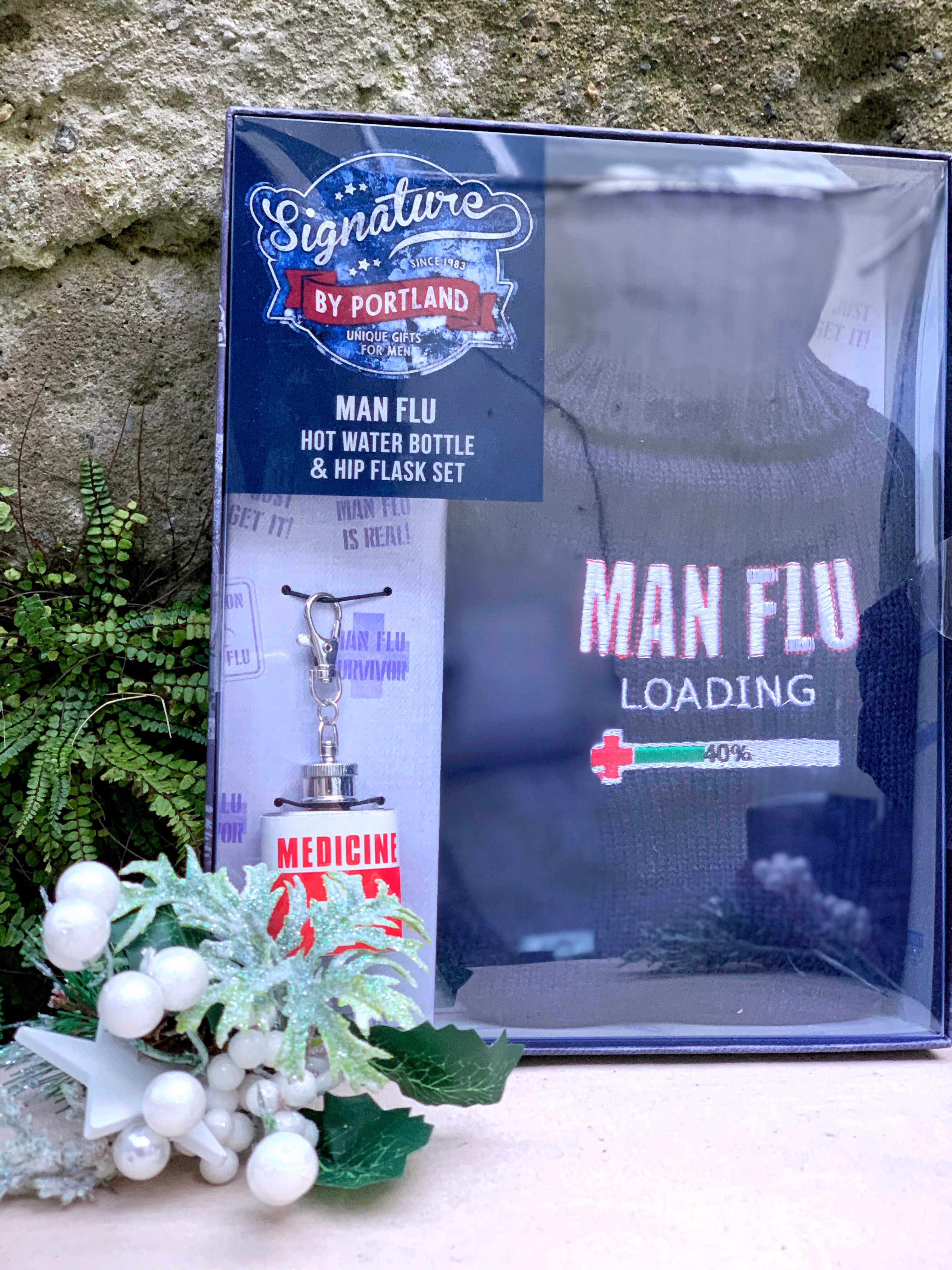 Portland Man Flu Mens Hot Water Bottle & Hip Flask Gift Set