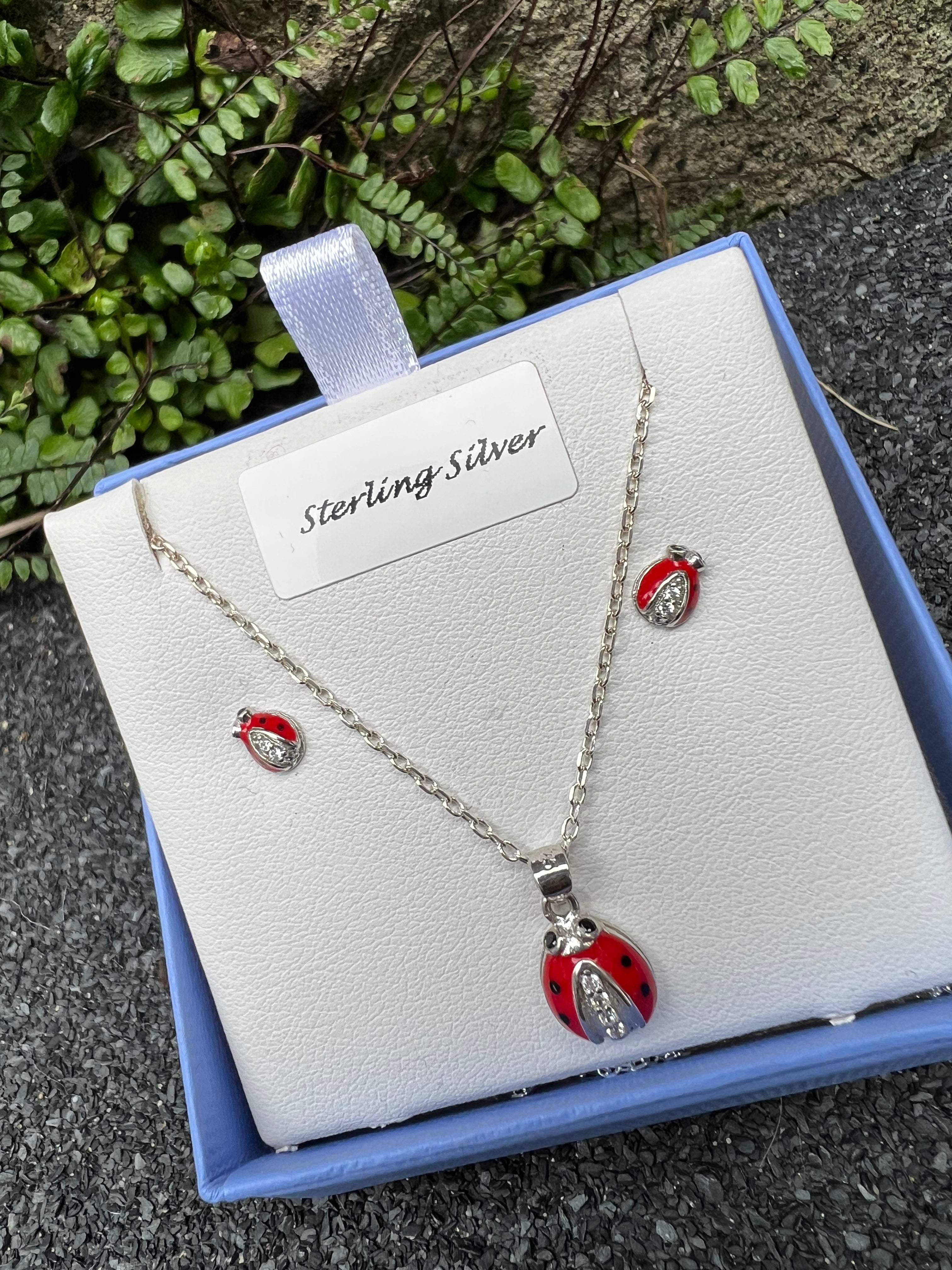 Eanair Sterling Silver Microset Enamel Ladybird Earring & Pendant Set