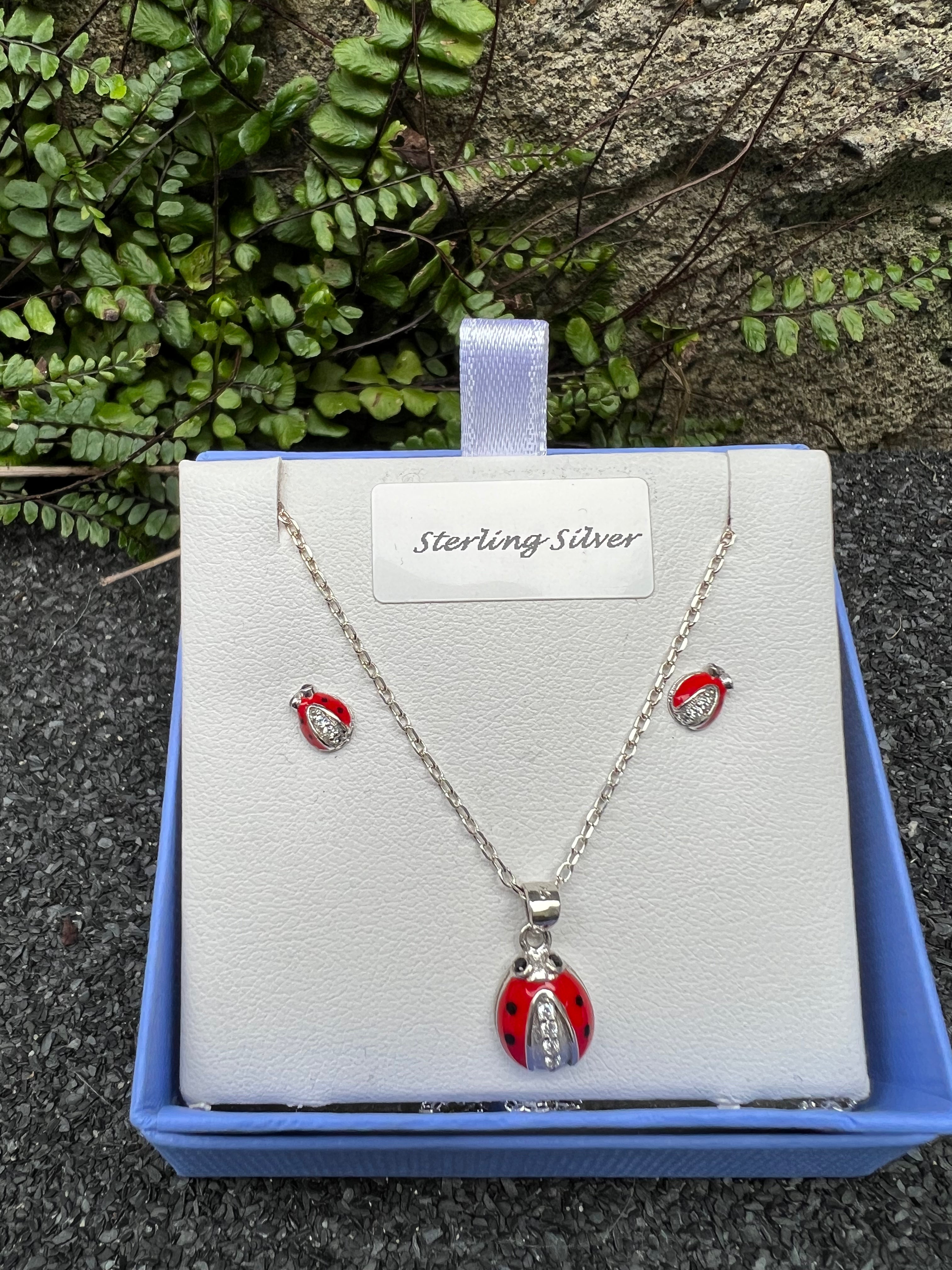 Eanair Sterling Silver Microset Enamel Ladybird Earring & Pendant Set