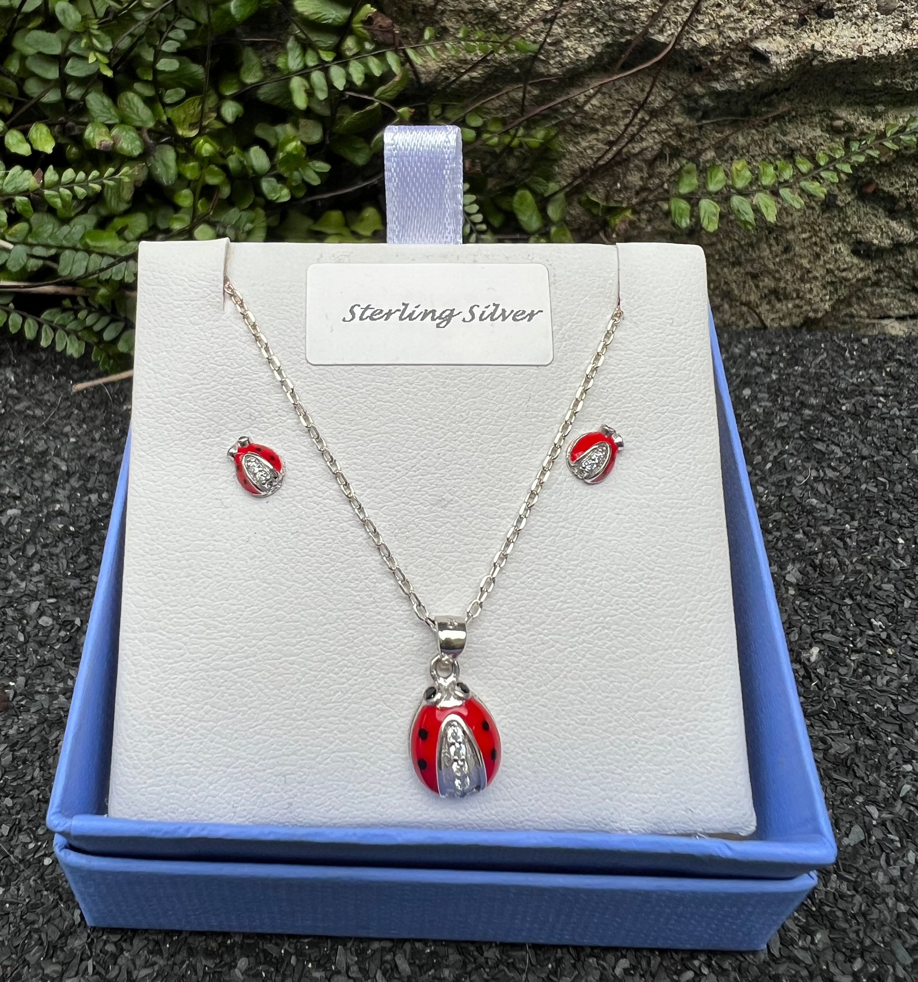 Eanair Sterling Silver Microset Enamel Ladybird Earring & Pendant Set