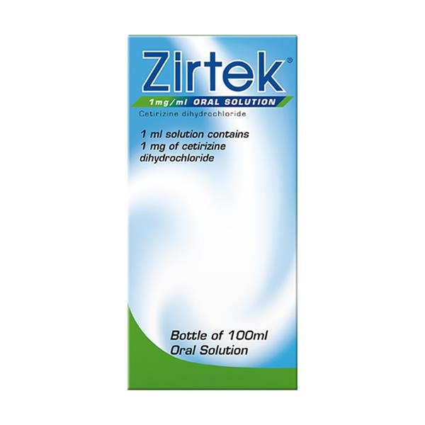 Zirtek Liquid Cetirizine 1mg/ml Allergy Relief Oral Solution - 100ml